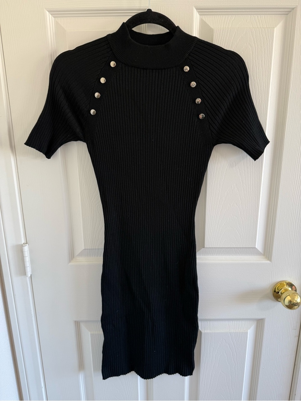 Say What? Black Ribbed Short-Sleeve Mini Dress with Silver Buttons
